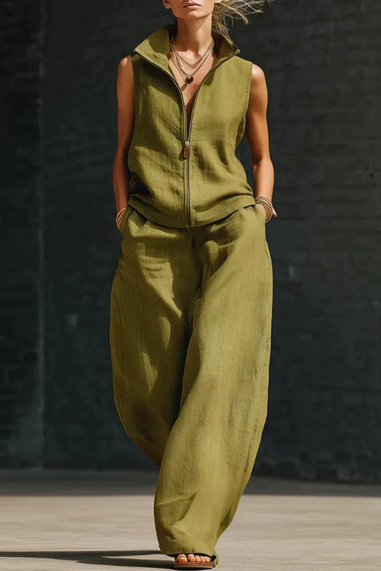 Sleeveless Stand Collar Zippered Linen Cotton Two-Piece Set 