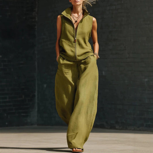 Sleeveless Stand Collar Zippered Linen Cotton Two-Piece Set 