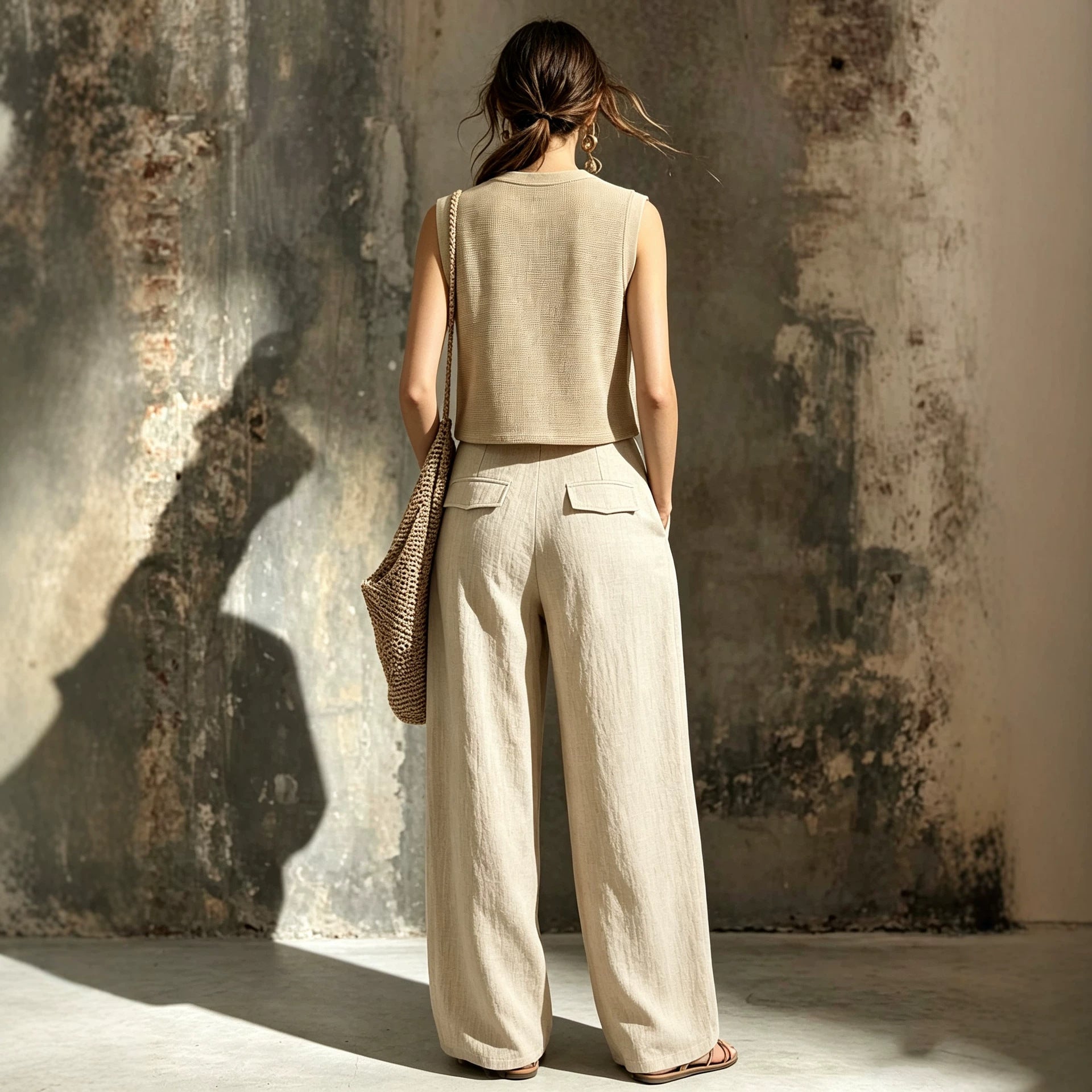Khaki linen casual two-piece short knitted vest pocket wide leg pants set 