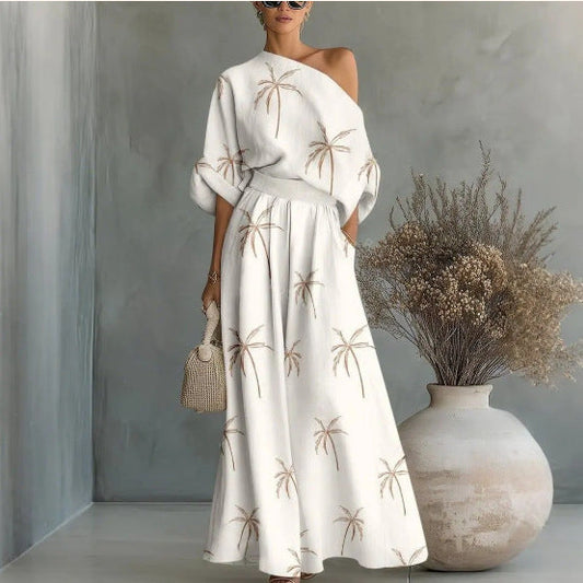 Printed Off-Shoulder Top And Pants Two-Piece Set 