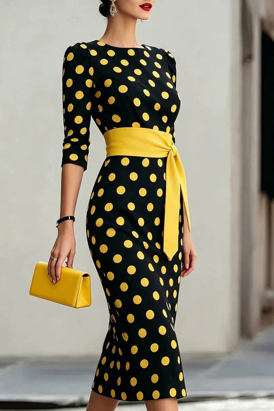 Retro Polka-dot Navy Blue Belted Waist-hugging Elegant Dress 