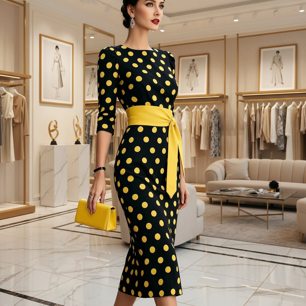Retro Polka-dot Navy Blue Belted Waist-hugging Elegant Dress 