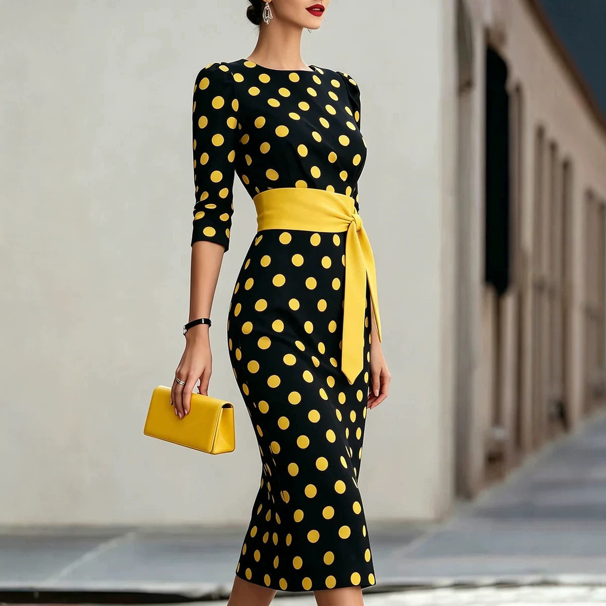 Retro Polka-dot Navy Blue Belted Waist-hugging Elegant Dress 
