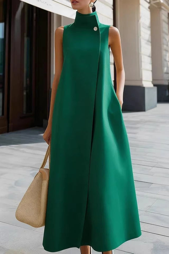 Elegant Sleeveless Long Dress with Stand Collar and Single Button Office Wear, Casual Fashion 