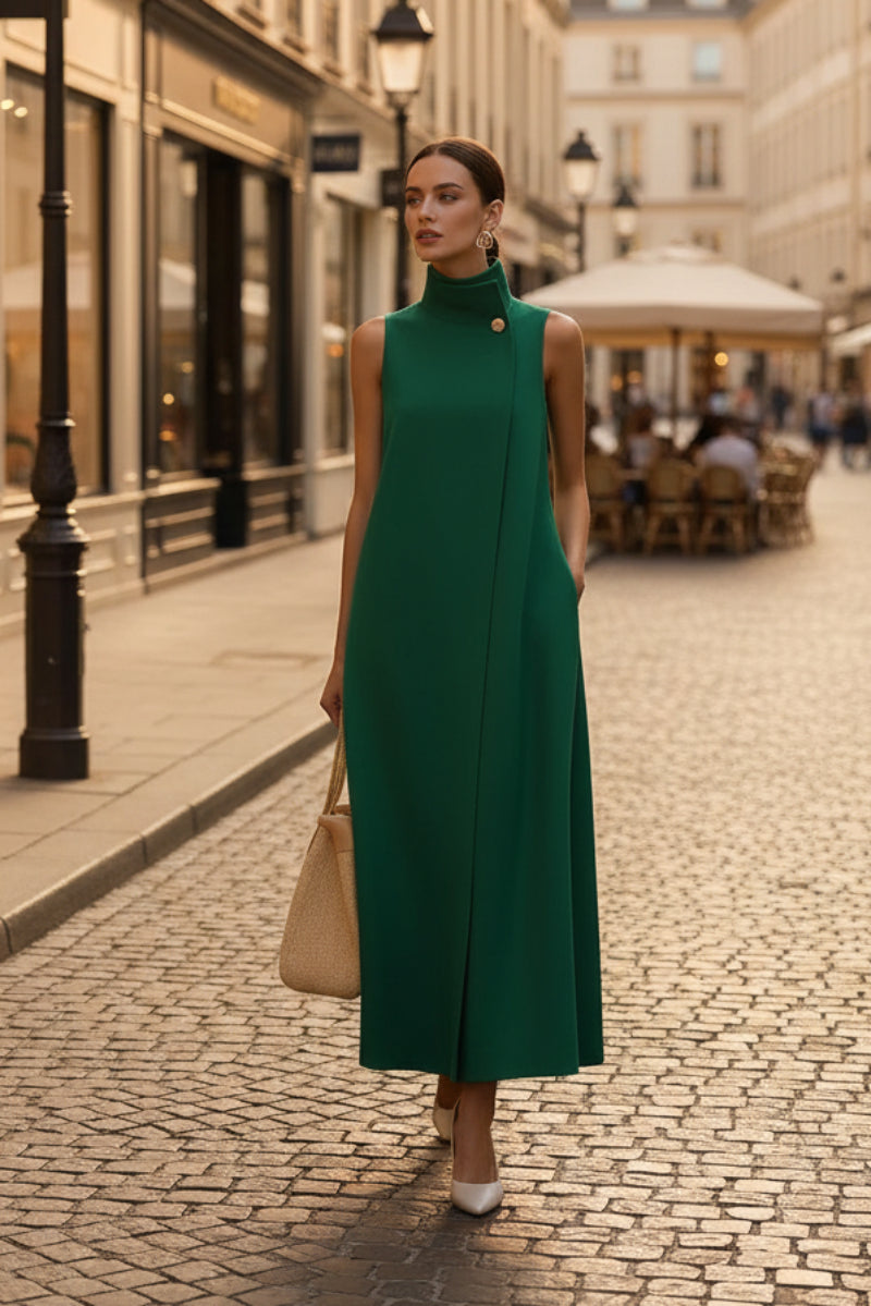 Elegant Sleeveless Long Dress with Stand Collar and Single Button Office Wear, Casual Fashion 