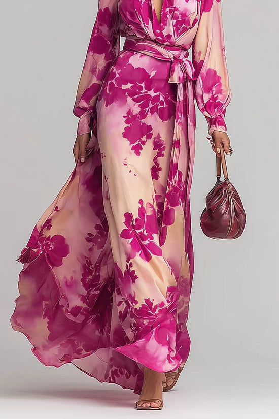 Printed Chiffon Long Sleeve V-Neck Tie-Up Dress Elegant Chic Spring New Long Dress 