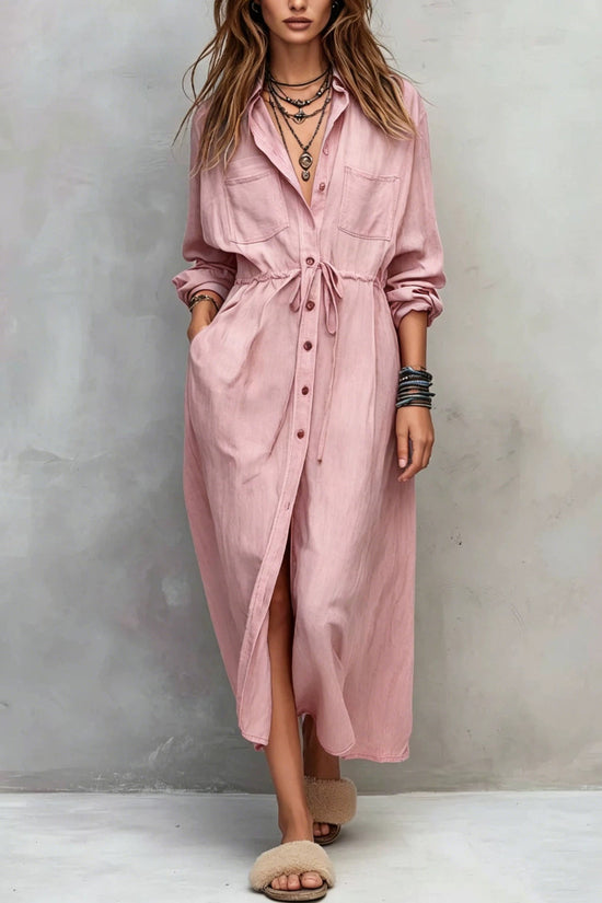 Spring and Autumn Casual Drawstring Waist Shirt Dress Loose Style for Women 