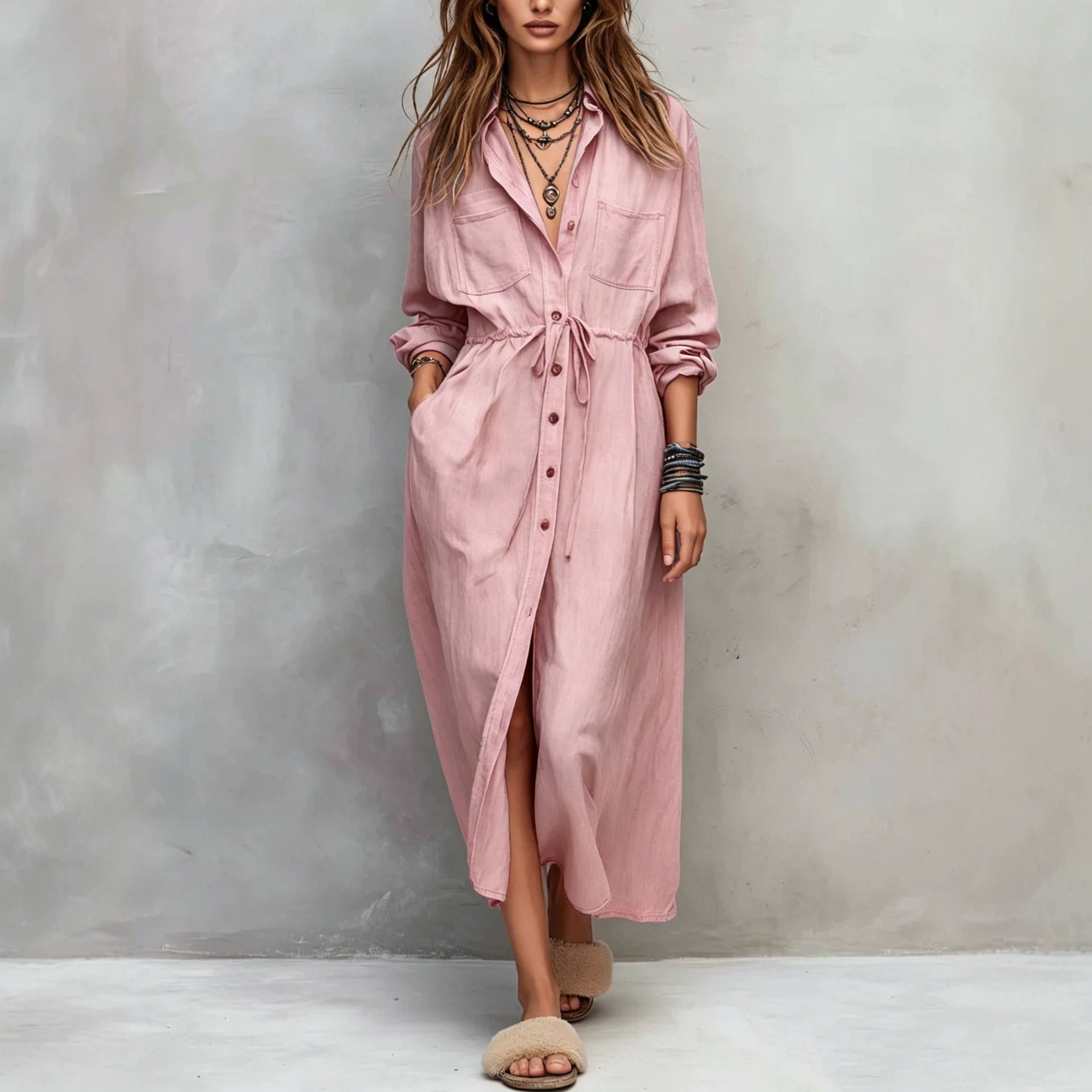 Spring and Autumn Casual Drawstring Waist Shirt Dress Loose Style for Women 