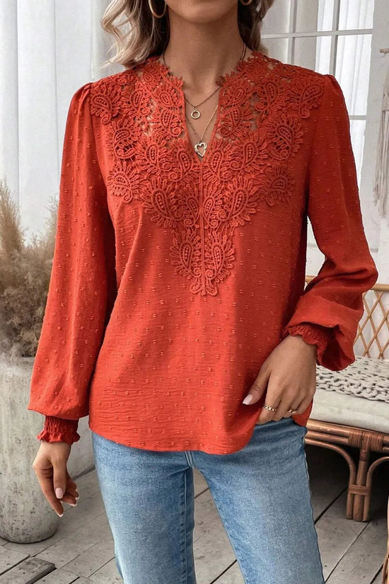 Swiss Dot Lace Detail Notched Long Sleeve Blouse 