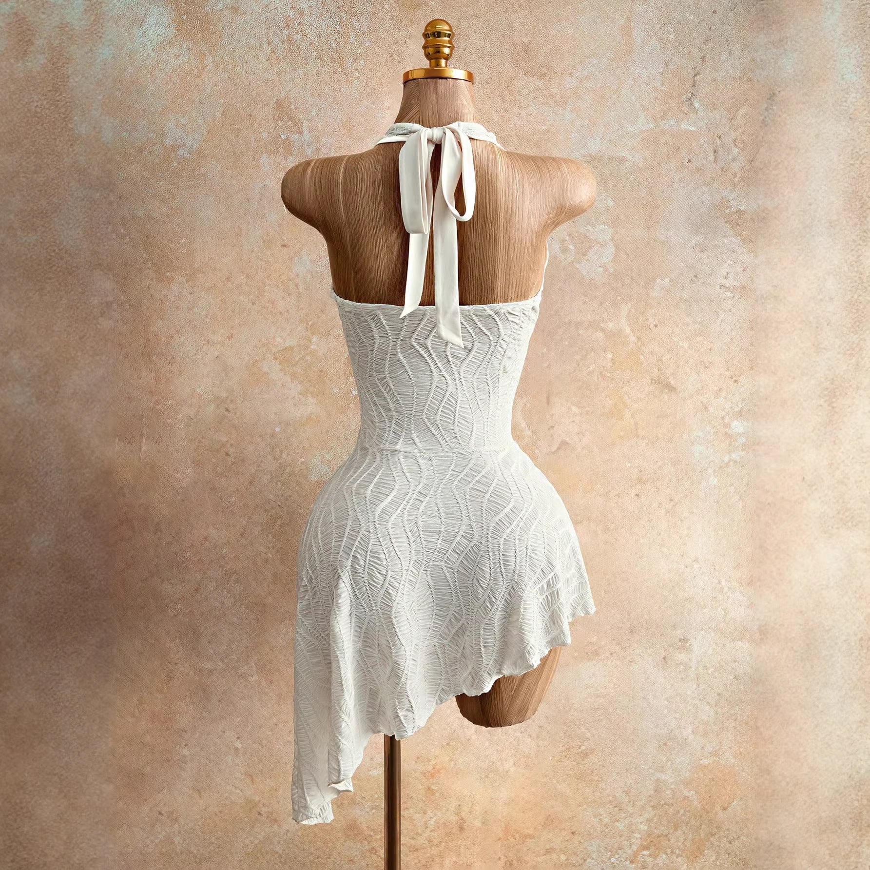 Deep V-Neck Tie-Up  Asymmetrical Dress White Strapless Irregular Hem 