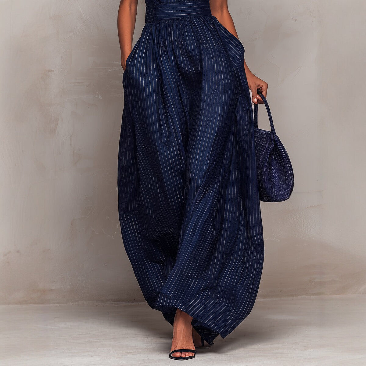Deep Blue Striped Sleeveless Waist-Cinched Wide-Leg Jumpsuit 