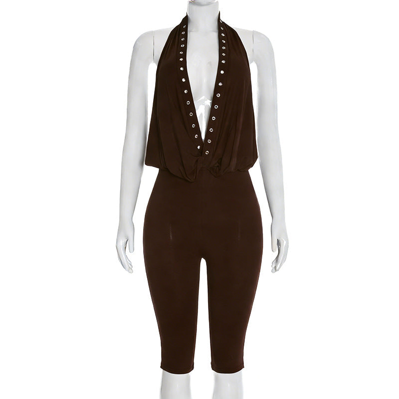 Womens Halter Deep V-Neck Rivet Eyelet Backless Cropped Jumpsuit 