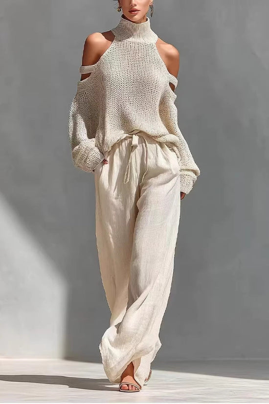 Womens Long-Sleeve Turtleneck Top And Pants Two-Piece Set 