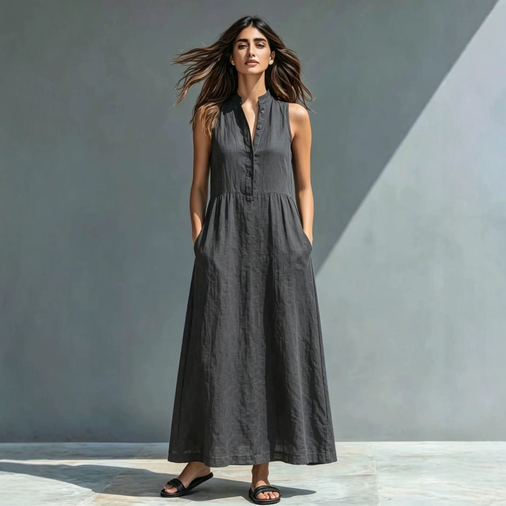 Resort-style Stand-collar Maxi Dress 
