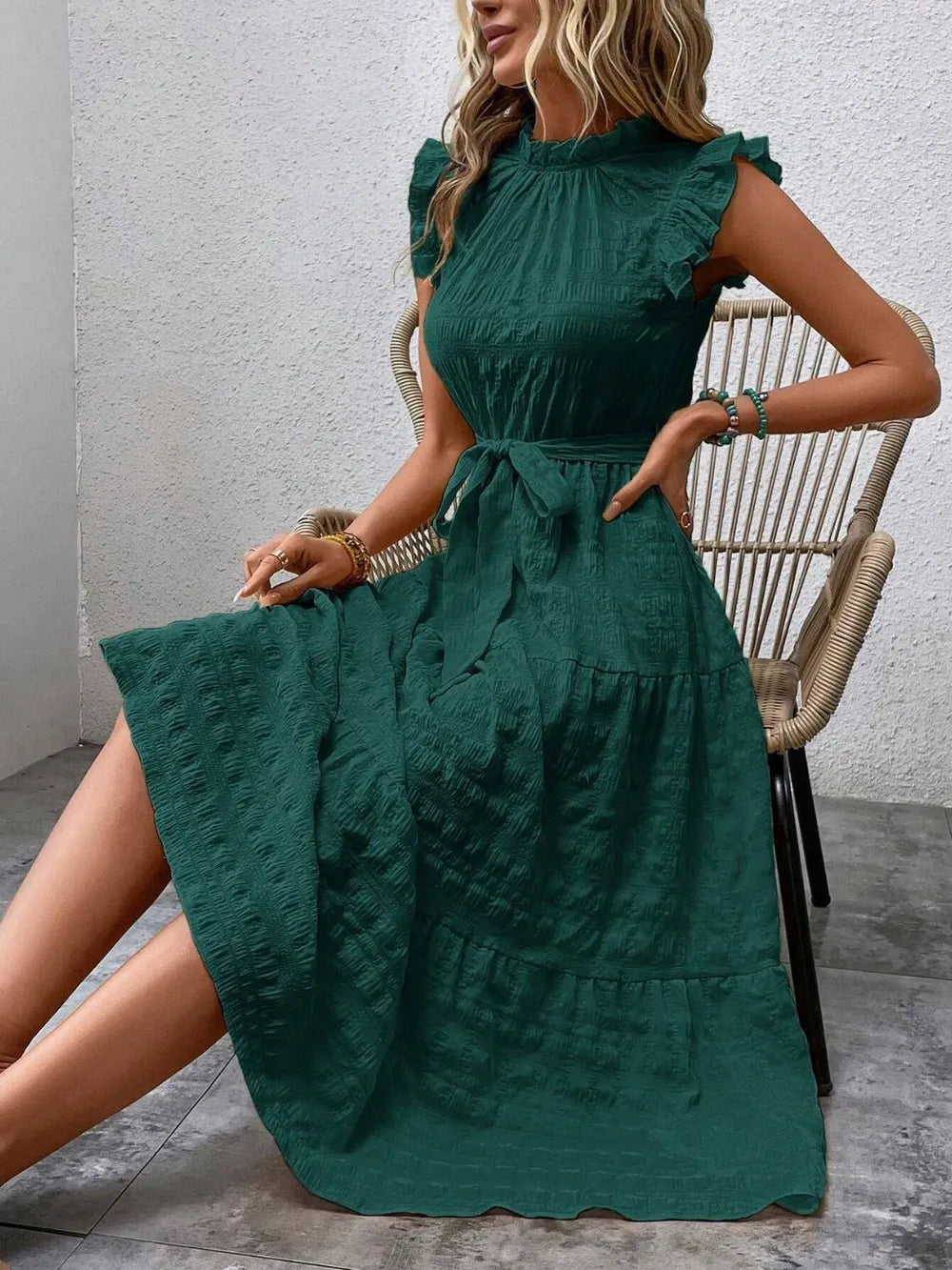 Tied Ruffled Cap Sleeve Midi Dress 
