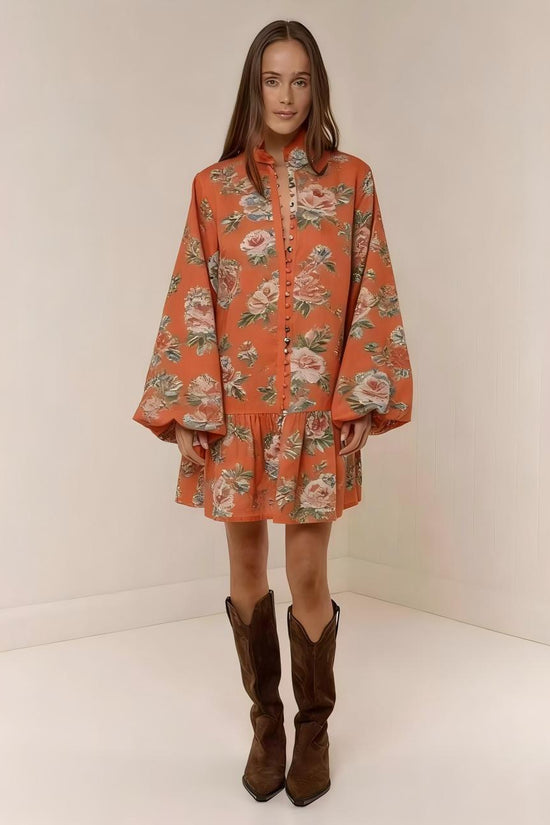 Digital-print Lantern Sleeve Linen Midi Dress 