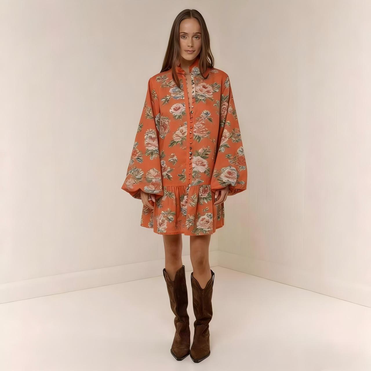 Digital-print Lantern Sleeve Linen Midi Dress 