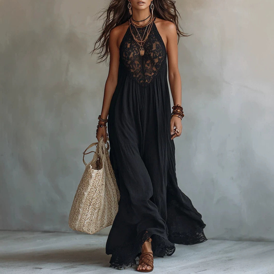 Style Black Lace Trim Sleeveless Long Dress Loose Vacation Style Maxi Dress Lace Dress 
