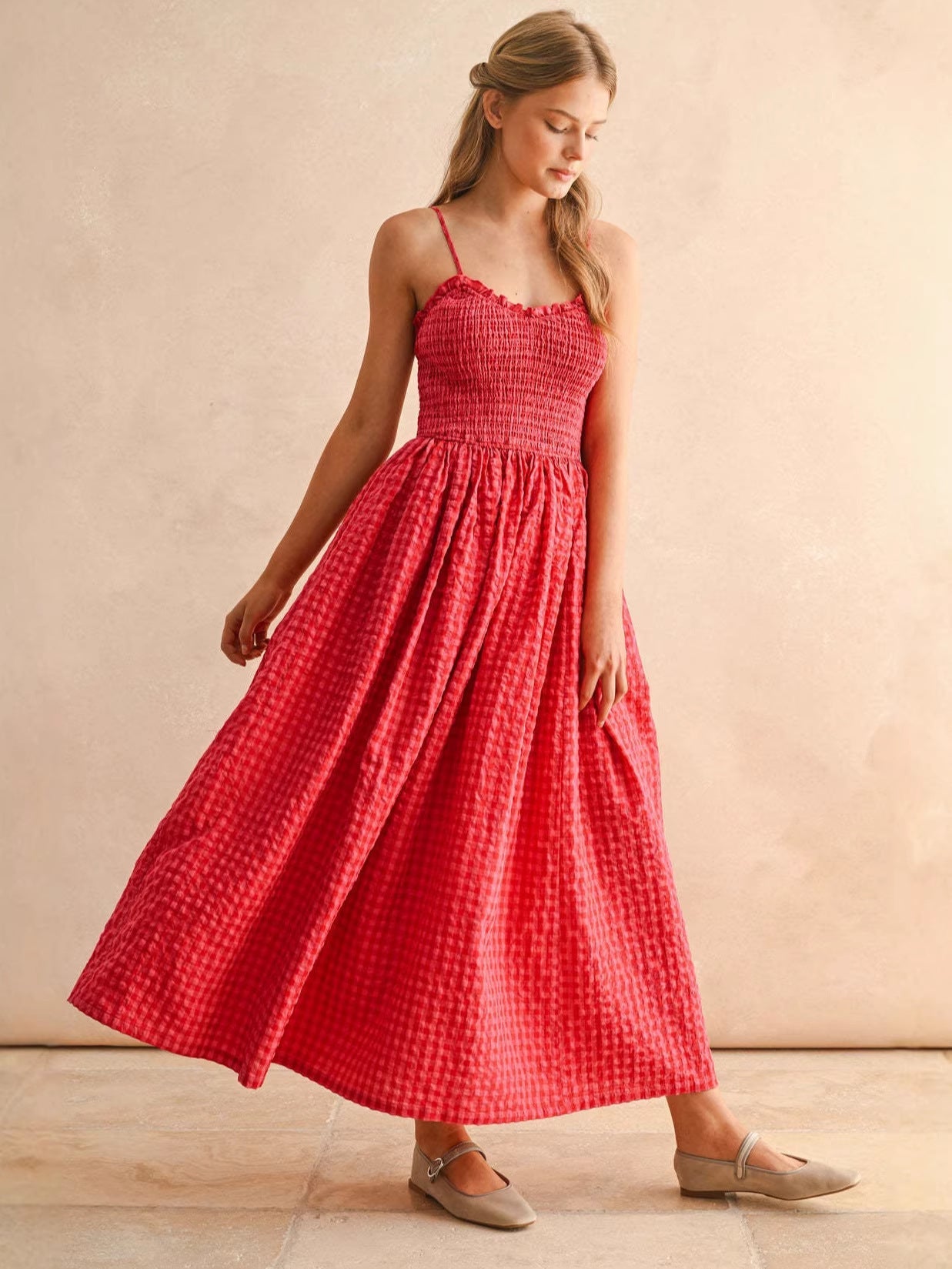 Summer Strap Retro Plaid A-line Slimming Dress for Women with Waist 