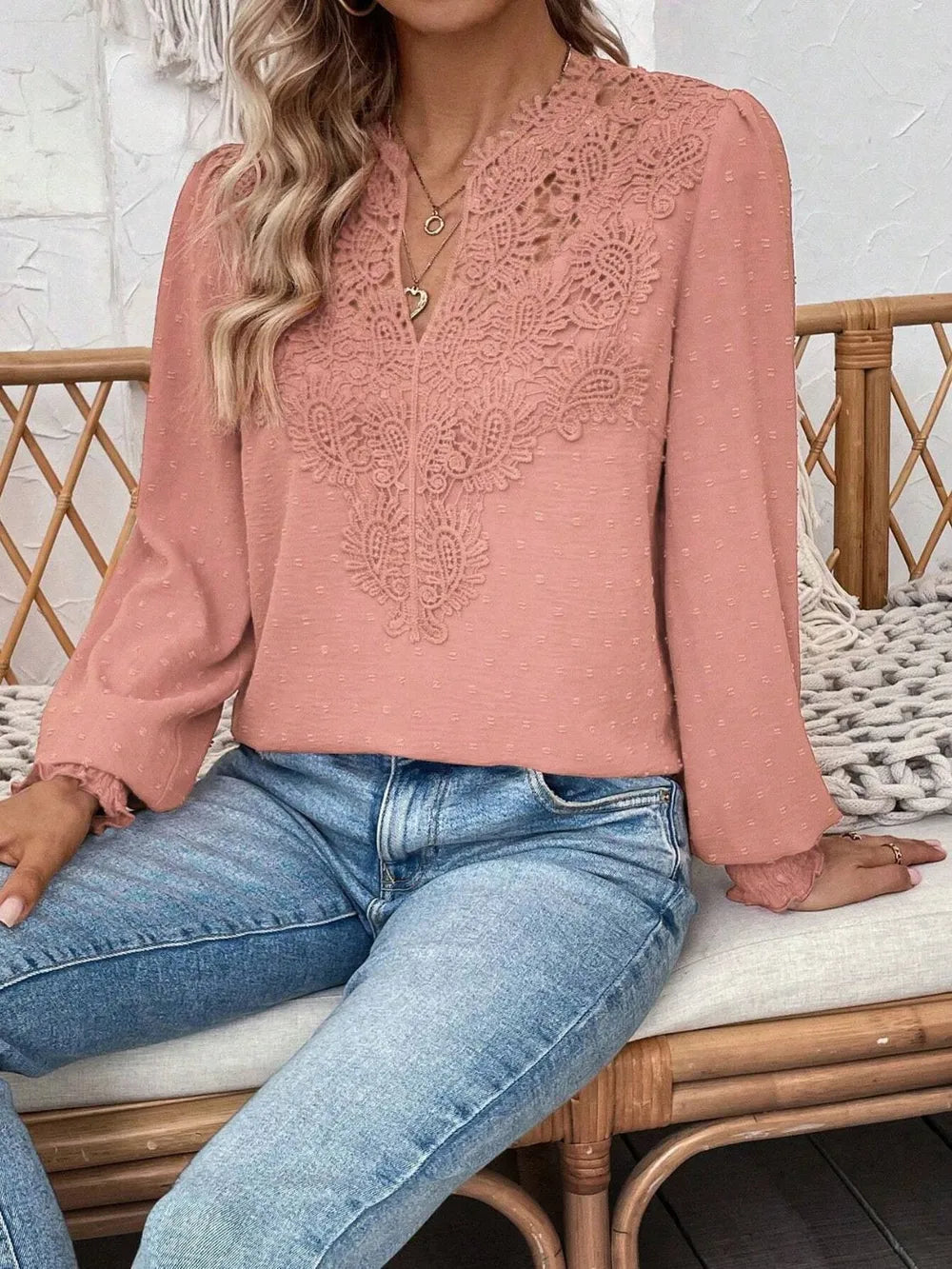 Swiss Dot Lace Detail Notched Long Sleeve Blouse 