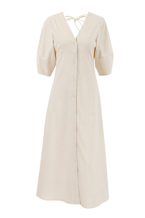 V-neck bubble sleeve loose mid length dress 