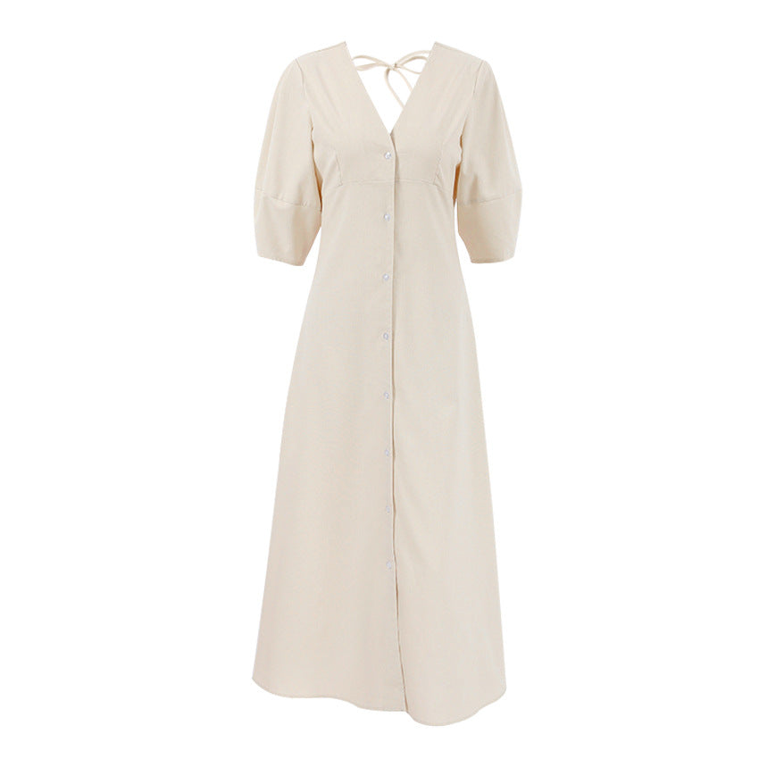 V-neck bubble sleeve loose mid length dress 