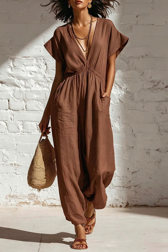 Deep V-neck loose fit pants for women 