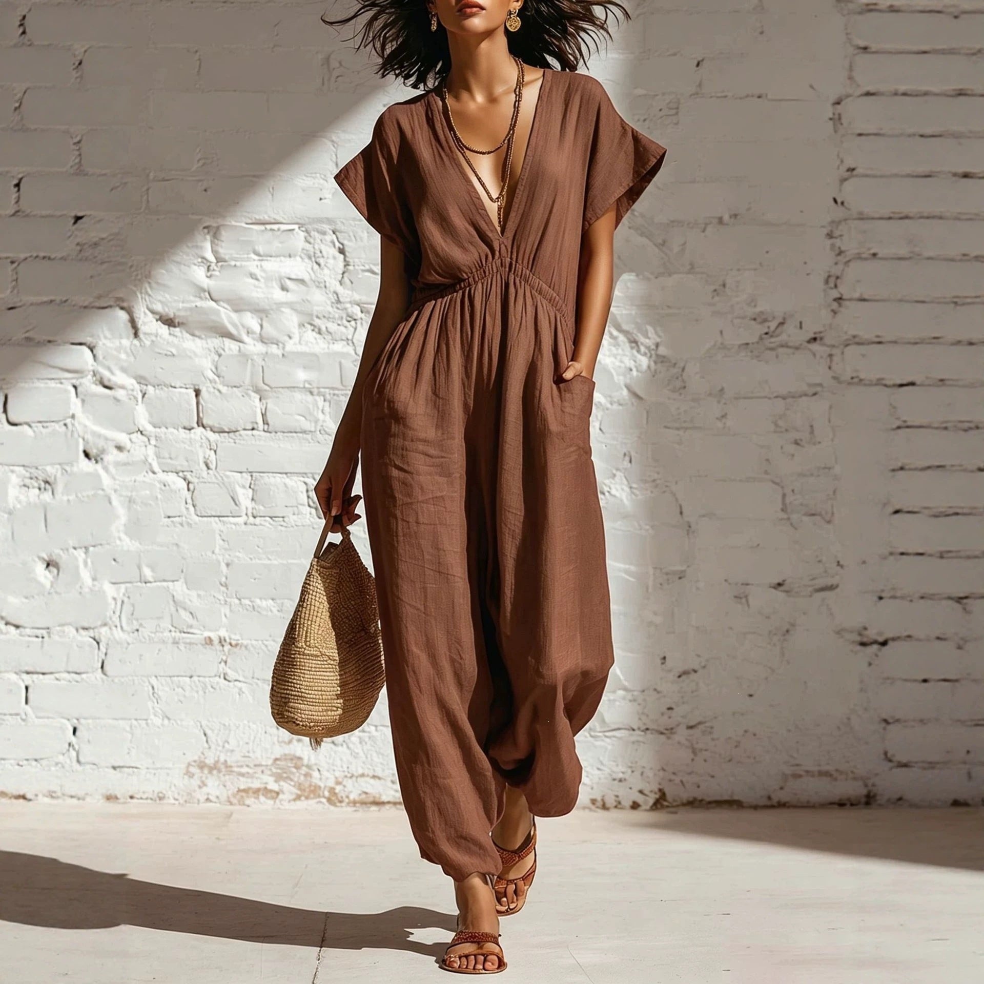 Deep V-neck loose fit pants for women 