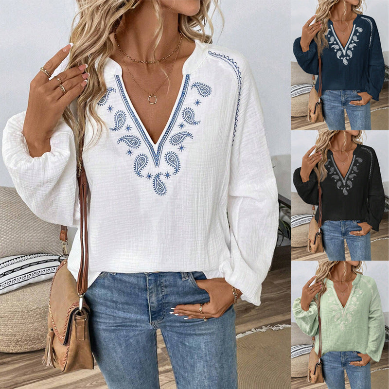 Ethnic Style Fashion Design V-Neck Embroidered Pure Cotton Top for Women 