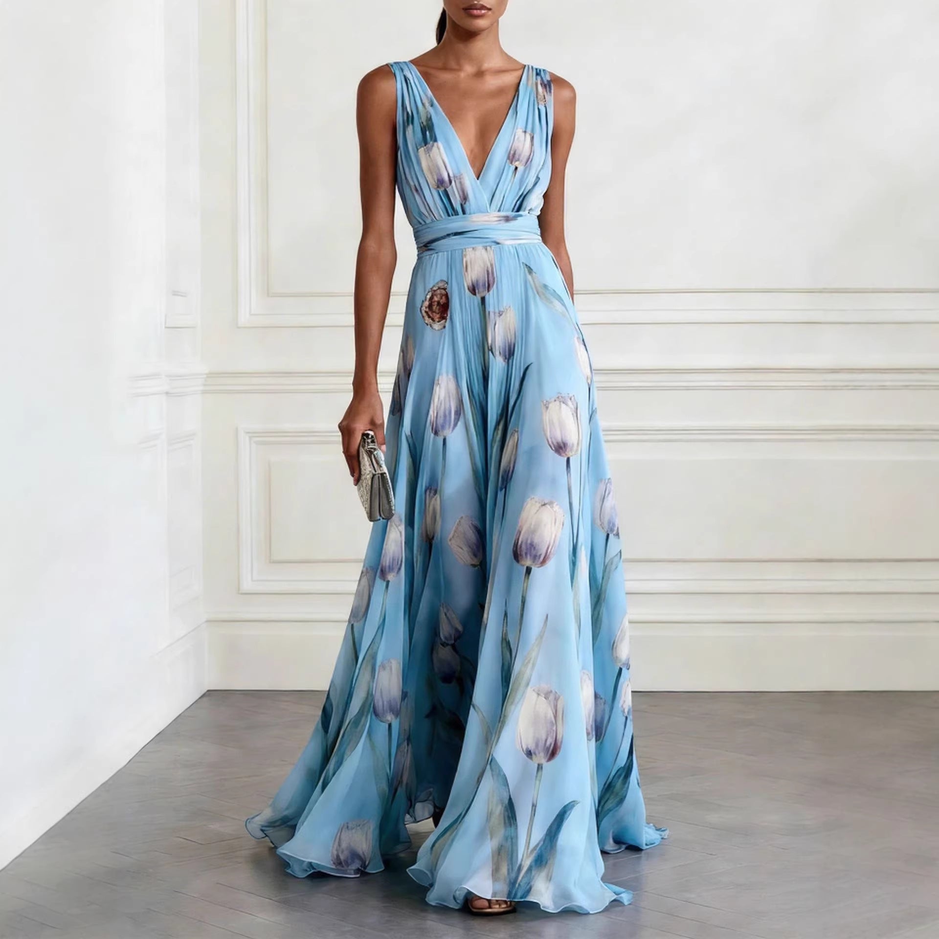 Elegant Tulip Print Evening Dress for Women Sleeveless V-Neck Chiffon Long Dress 