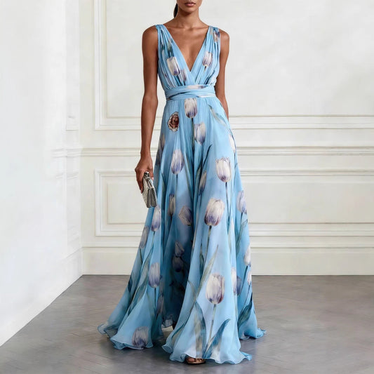 Elegant Tulip Print Evening Dress for Women Sleeveless V-Neck Chiffon Long Dress 
