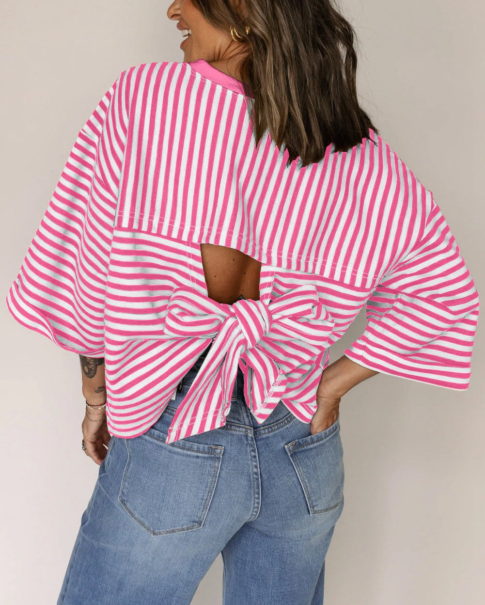 Round neck striped back tie bow pullover top 