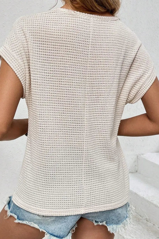 Waffle-Knit Round Neck Short Sleeve Top 