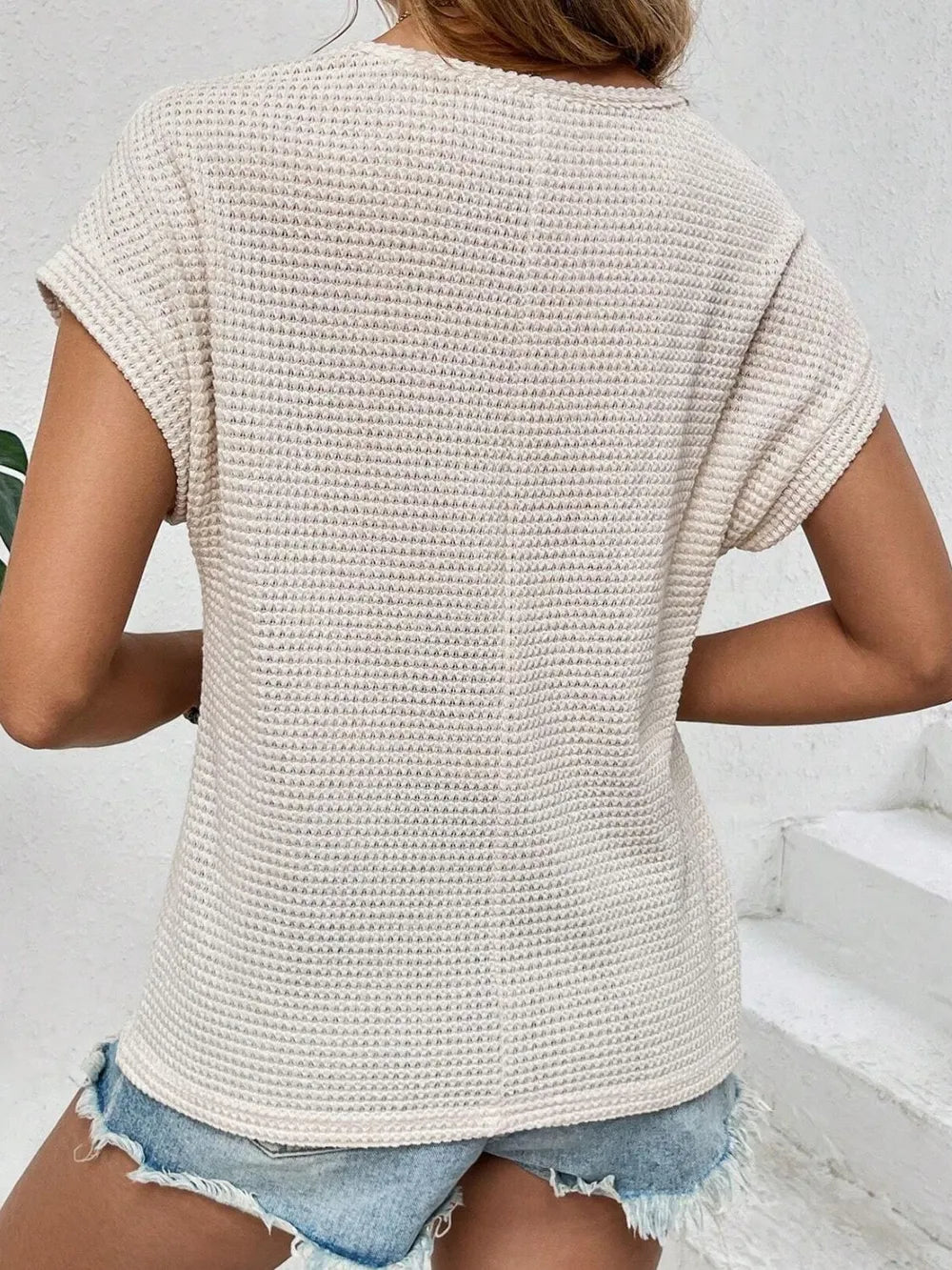Waffle-Knit Round Neck Short Sleeve Top 