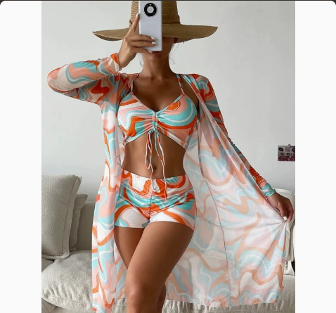 Fashionable Sexy Mesh Cover-Up with Leg-Length Briefs Three-Piece Swimwear Set for Women 