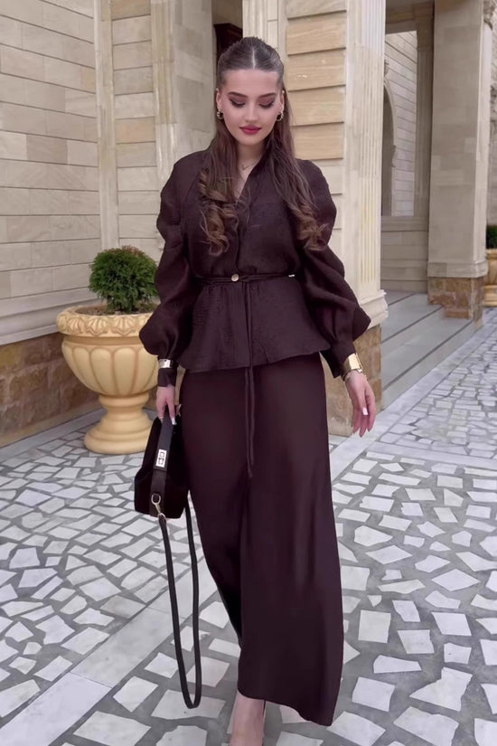 Chic V-Neck Fitted Long Sleeve Cardigan Top with High-Waisted Skirt Set for Women 