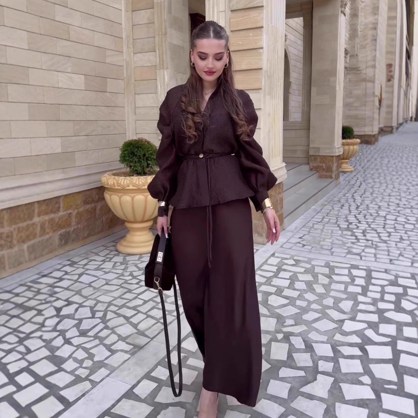 Chic V-Neck Fitted Long Sleeve Cardigan Top with High-Waisted Skirt Set for Women 