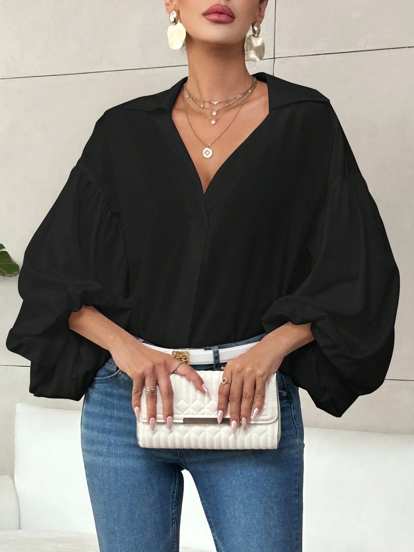 Polka Dot Half-Open Neck Loose Bubble Sleeve Long Sleeve Top 