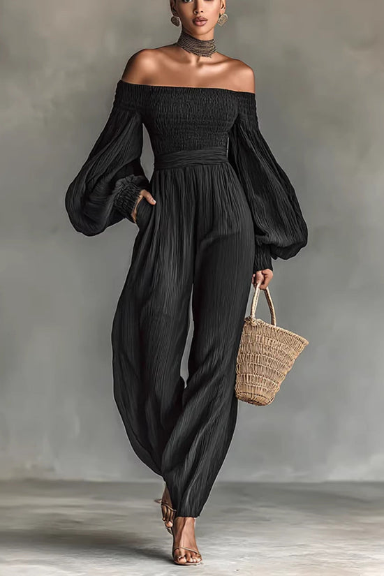 Style Off-Shoulder Lantern Sleeve Pleated Loose Jumpsuit for Women 