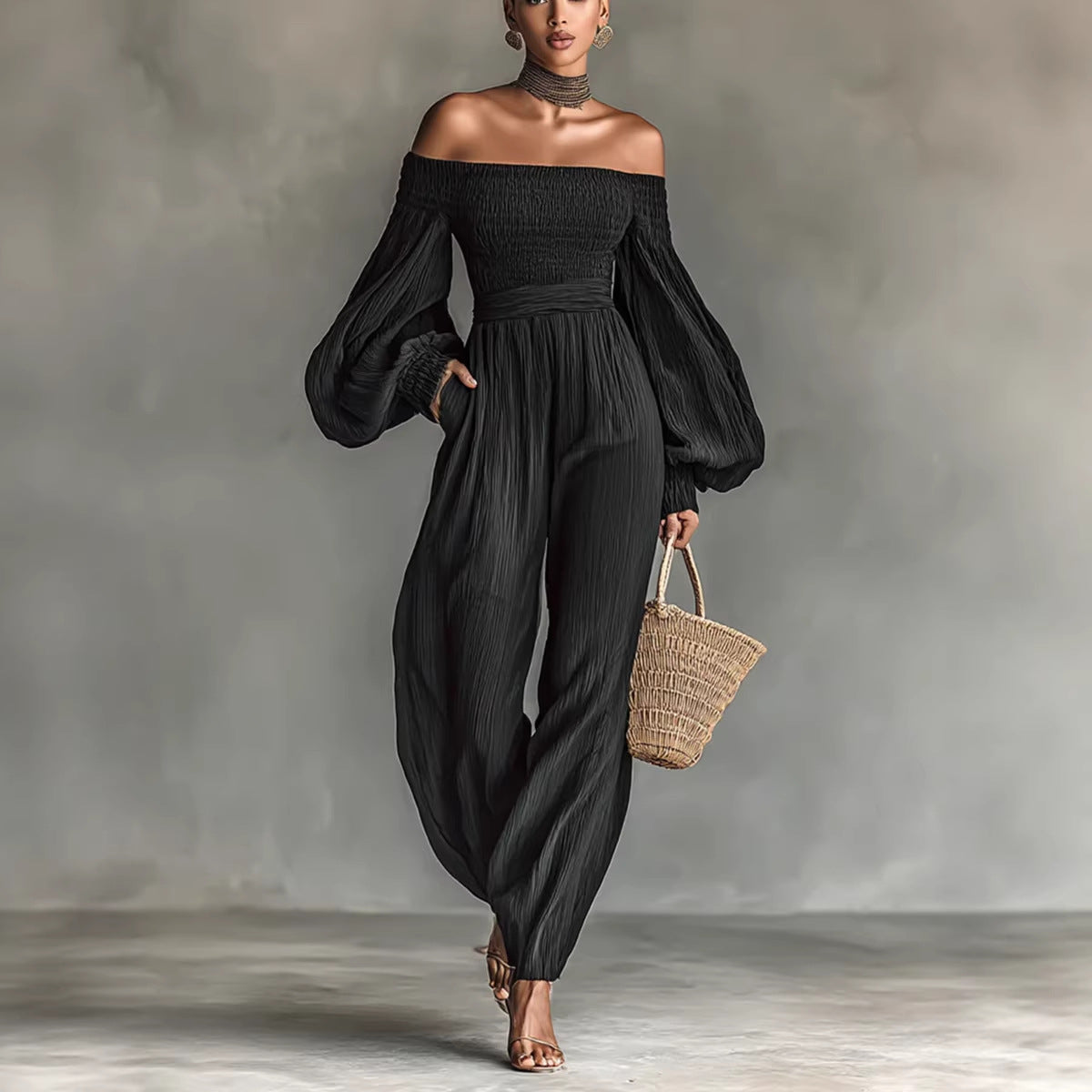 Style Off-Shoulder Lantern Sleeve Pleated Loose Jumpsuit for Women 