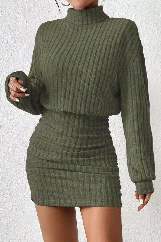 Hip hugging long sleeved high neck striped knitted sexy dress