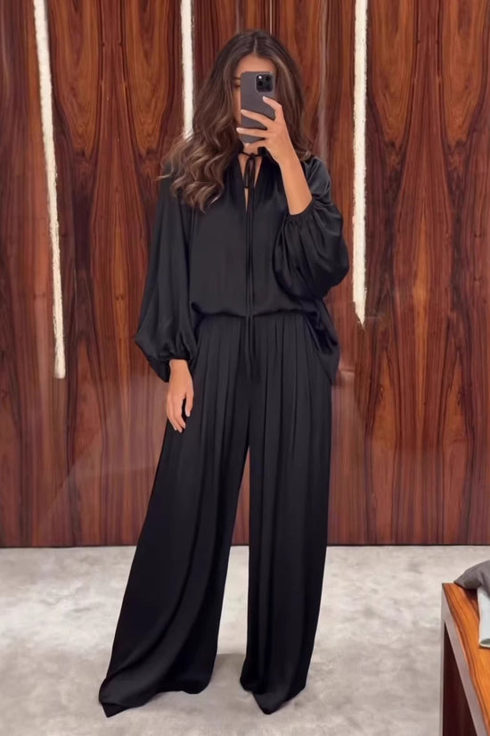 Solid color V-neck lace up loose pants set for women 