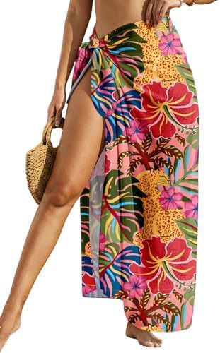 Women's Swimwear Transparent Sheer Cover-Up High-Slit One-Size Swim Dress Summer Floral Print Chiffon 
