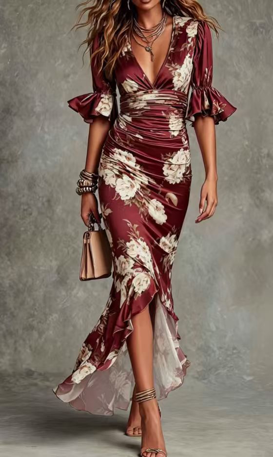 Elegant Long Dress with V-Neck, Fitted Silhouette, Floral Print and Ruffle Hem 