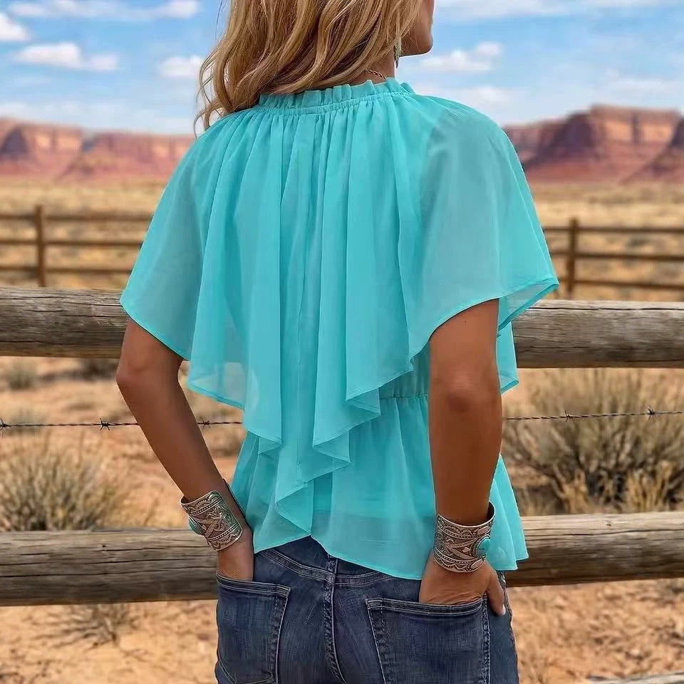 Style Cross V-Neck Pleated Ruffle Flare Sleeve Chiffon Top with Waist-Cinching Irregular Hem Slim Fit Blouse 