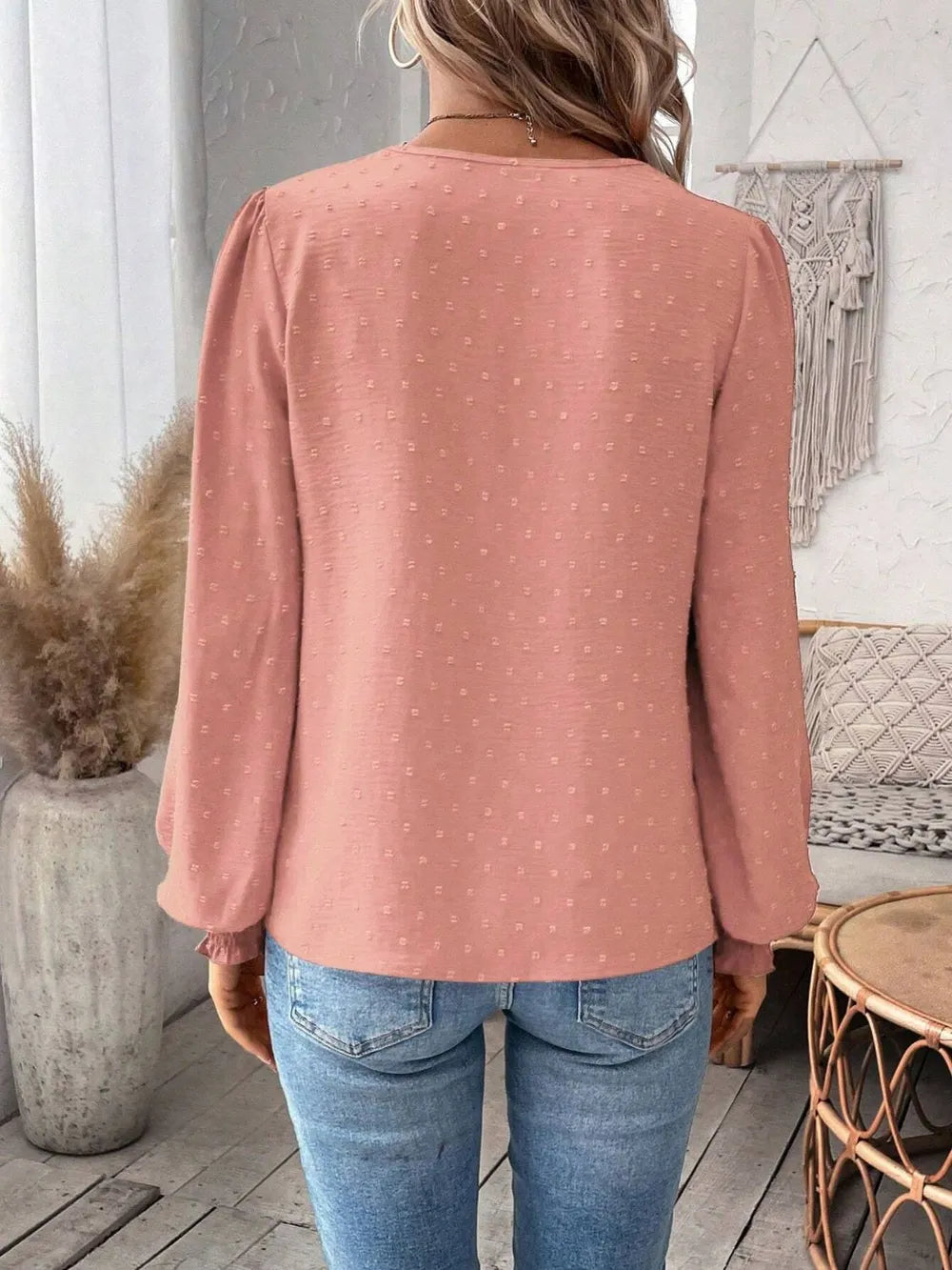 Swiss Dot Lace Detail Notched Long Sleeve Blouse 