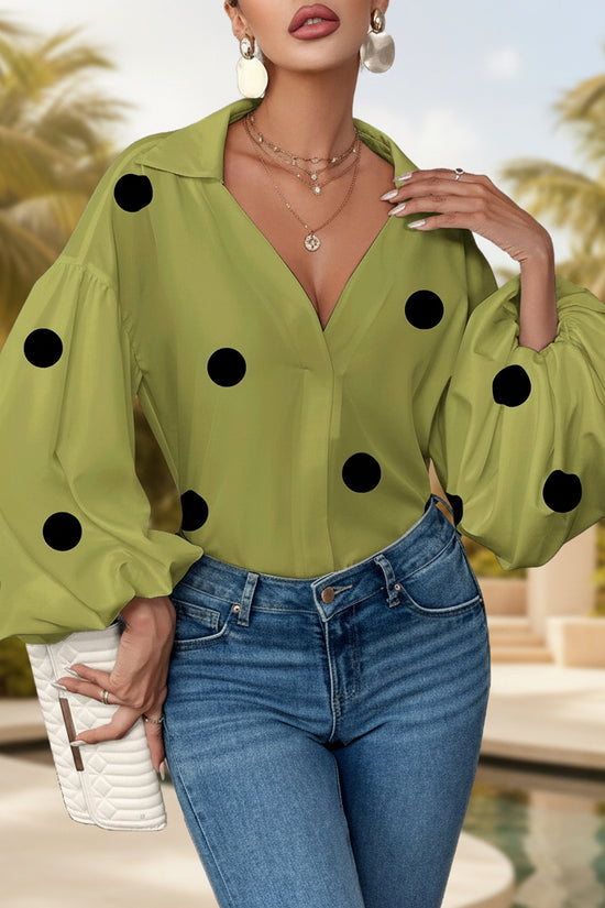 Polka Dot Half-Open Neck Loose Bubble Sleeve Long Sleeve Top 