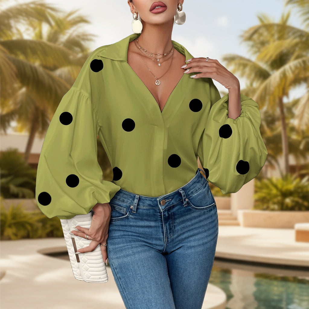 Polka Dot Half-Open Neck Loose Bubble Sleeve Long Sleeve Top 