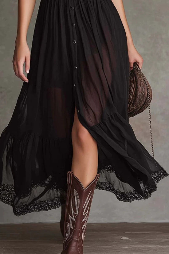 Cropped V-Neck Shirt Dress with Ruffled Hem and Side Slit, Dark Chic Style, Body-Con Fit, Long Skirt 