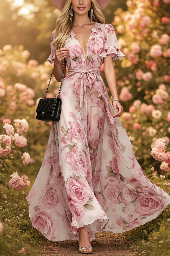 Deep V-neck ruffle sleeve printed dress 